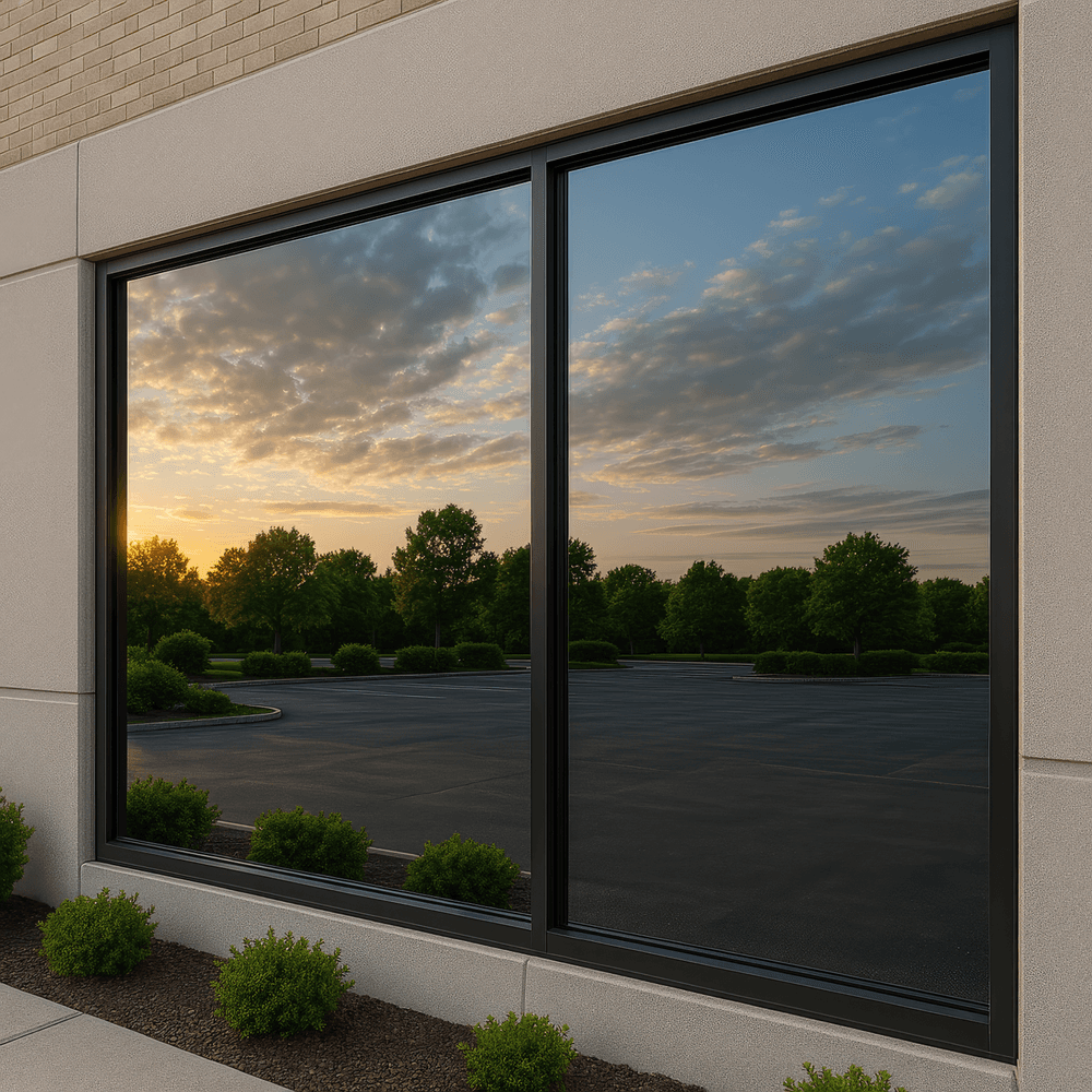 WTC Privacy One-Way Mirror Silver EXT applied to glass (illustrative)